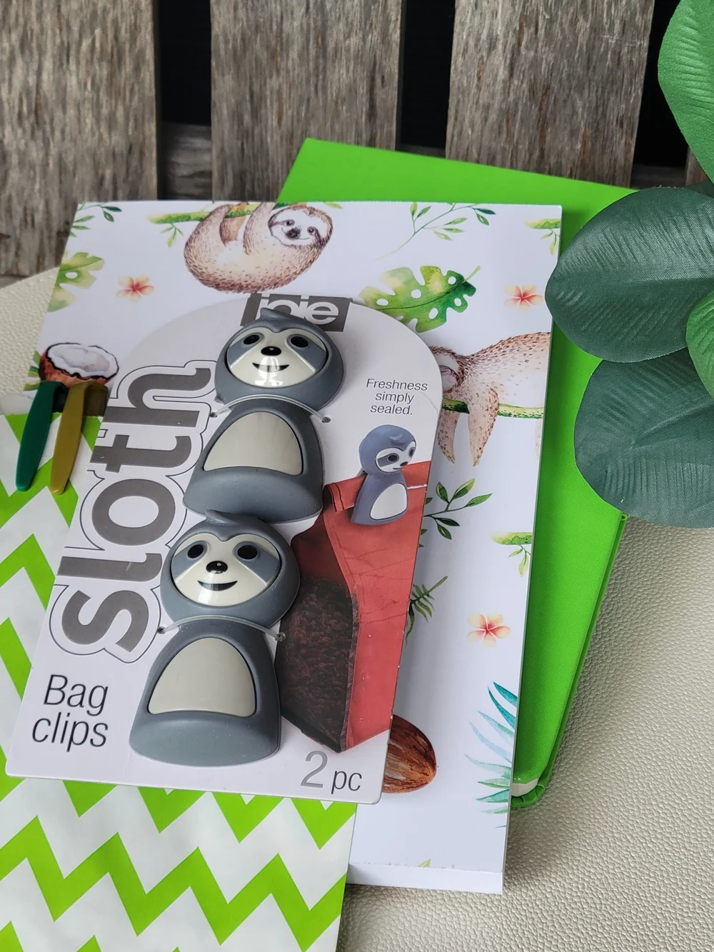 Sloth Pattern Notebook, Green Journal, Sharpies, Gray Sloth Bag Clips – 2-Pack